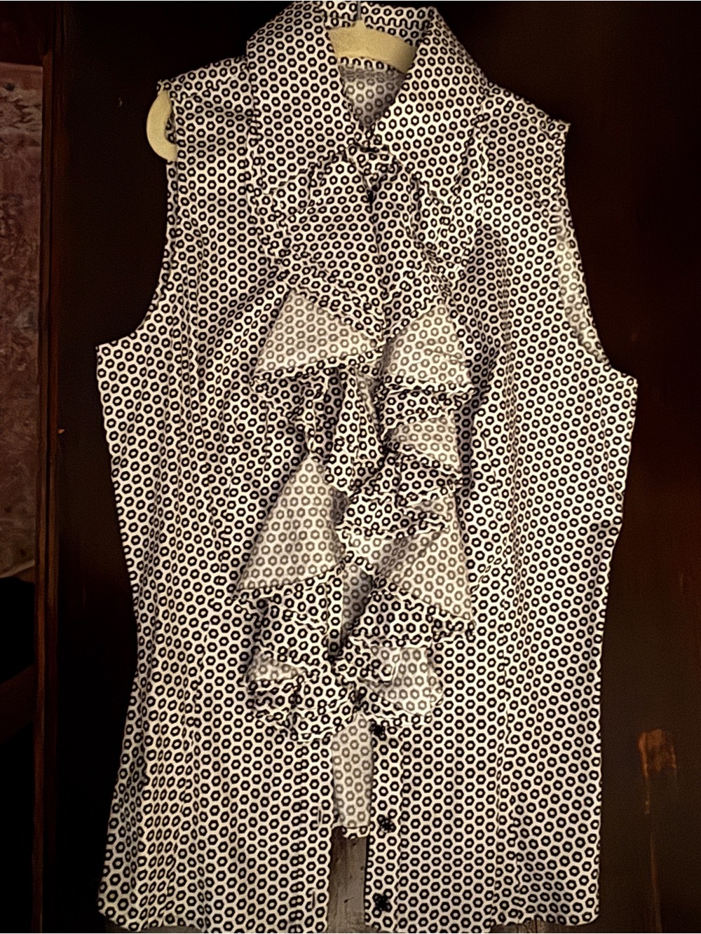Sleeveless Ruffle Tie-Neck Blouse in Black and White